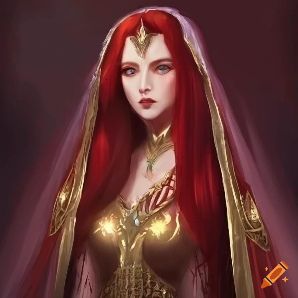 Fantasy queen with long crimson hair and a beautiful gown. golden lighting.  concept art on Craiyon
