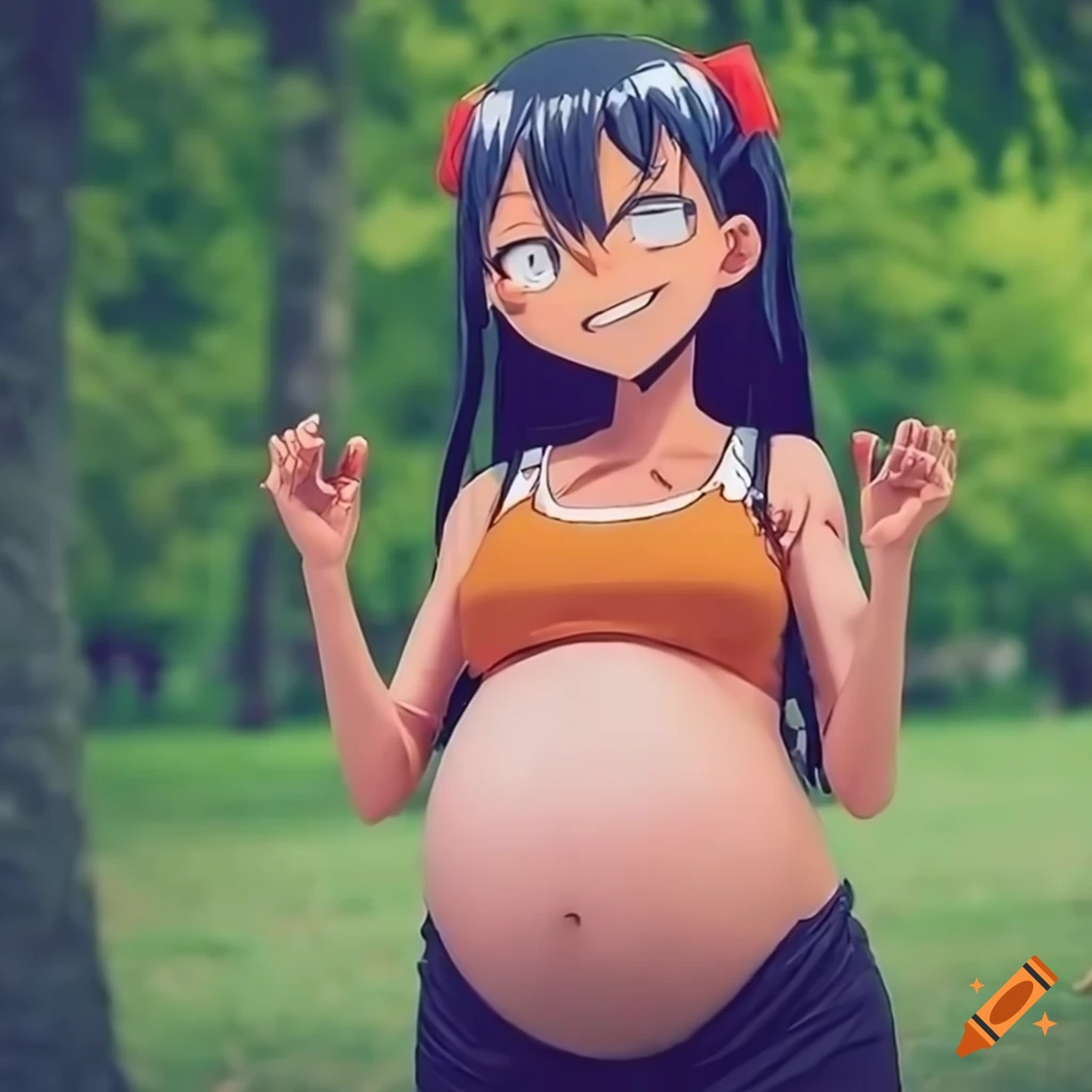 Candid shot cosplay of a heavily pregnant nagatoro character with huge  pregnant belly wearing workout clothes in the park on Craiyon