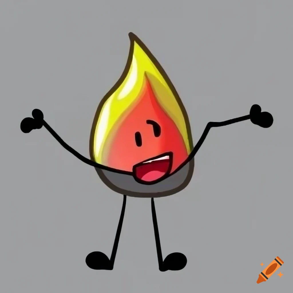 Bfdi cartoon flame with black pupils, a mouth, two stick arms and legs