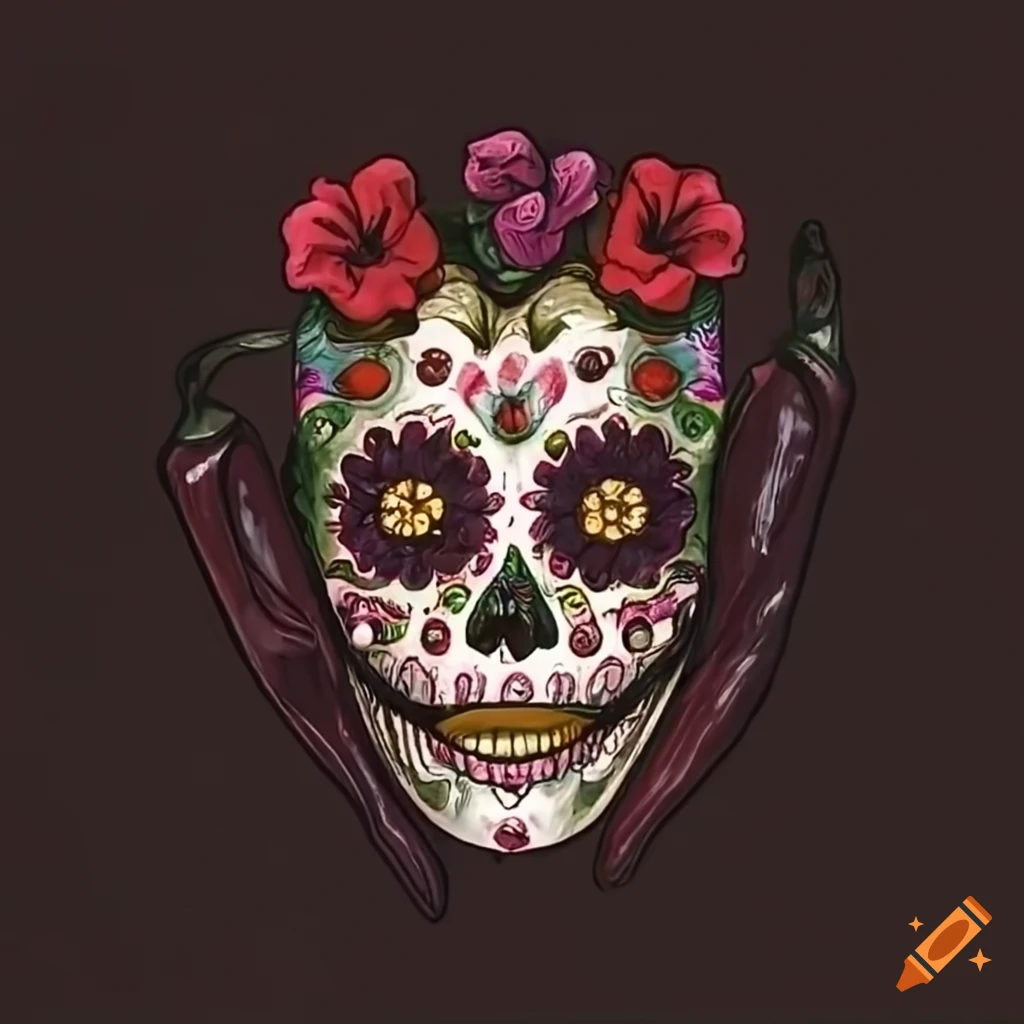 Chili peppers with a day of the dead mask