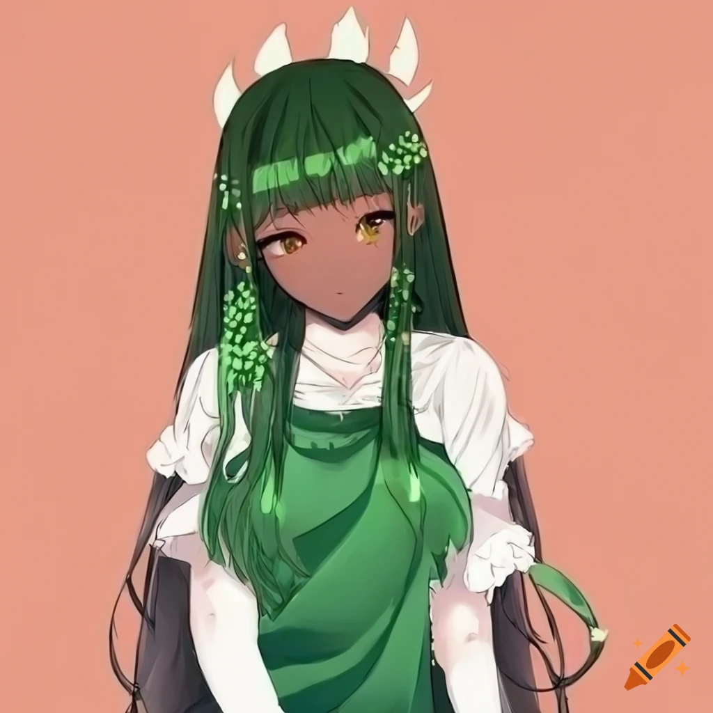 Black Skinned Anime Girl Poofy Long Hair Leaf Crown Green White Dress White Socks And Black 