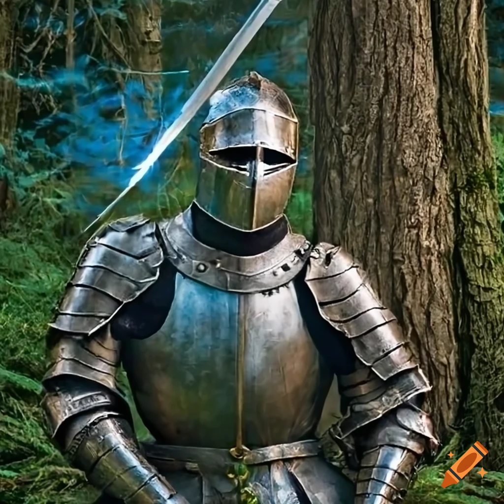 a knight in iron armor with blue inlays on the armor sits by a tree in the forest nearby lies a sword the weather is rainy with thunder and lightning all around the grass is trampled and the place of the battle is visible