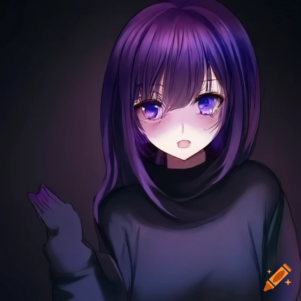 Anime girl in black sweater with blue to purple gradient eyes