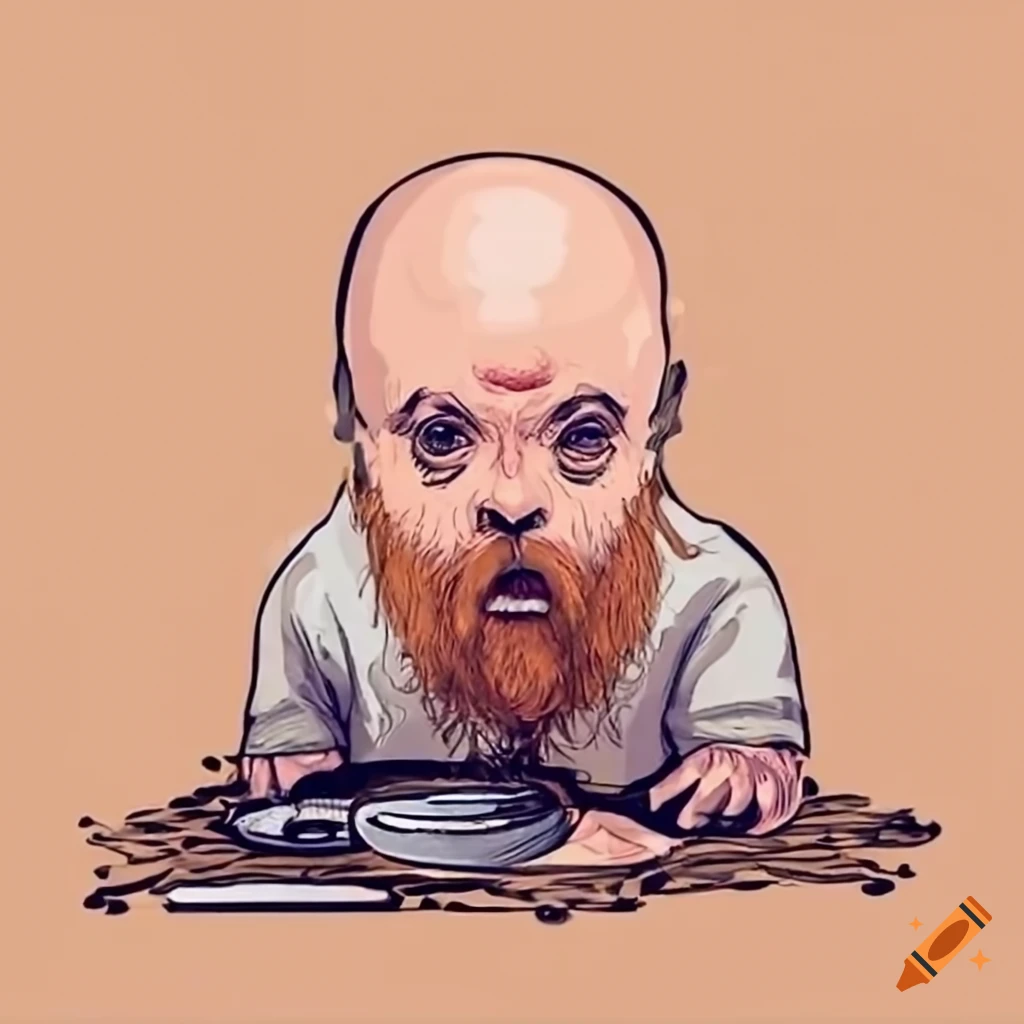 A bald Down syndrome with a beard spilling his coffee all over the carpet