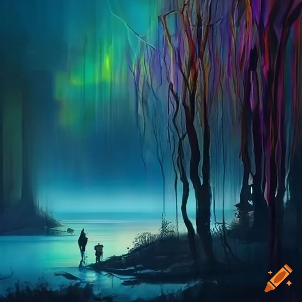 A vibrant mysterious artwork exploring otherworldly landscapes on