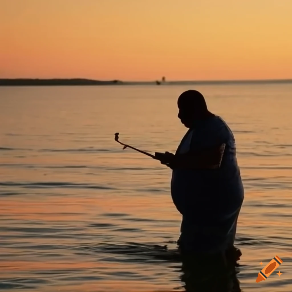 Silhouette of a fat guy standing on a boat fishing at sunset on