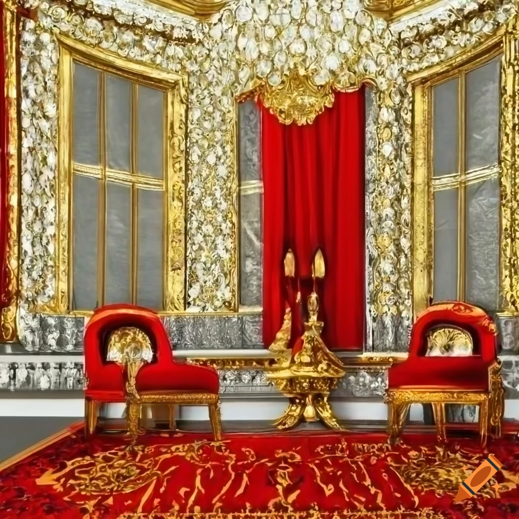 Beautiful, highly detailed room, white and gold walls, gold and red