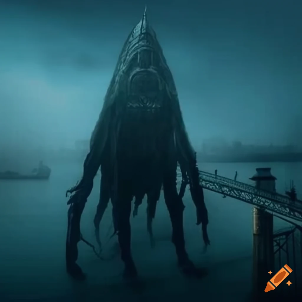 A giant nyarlathotep (the great old one) 100 meters tall over the fog ...