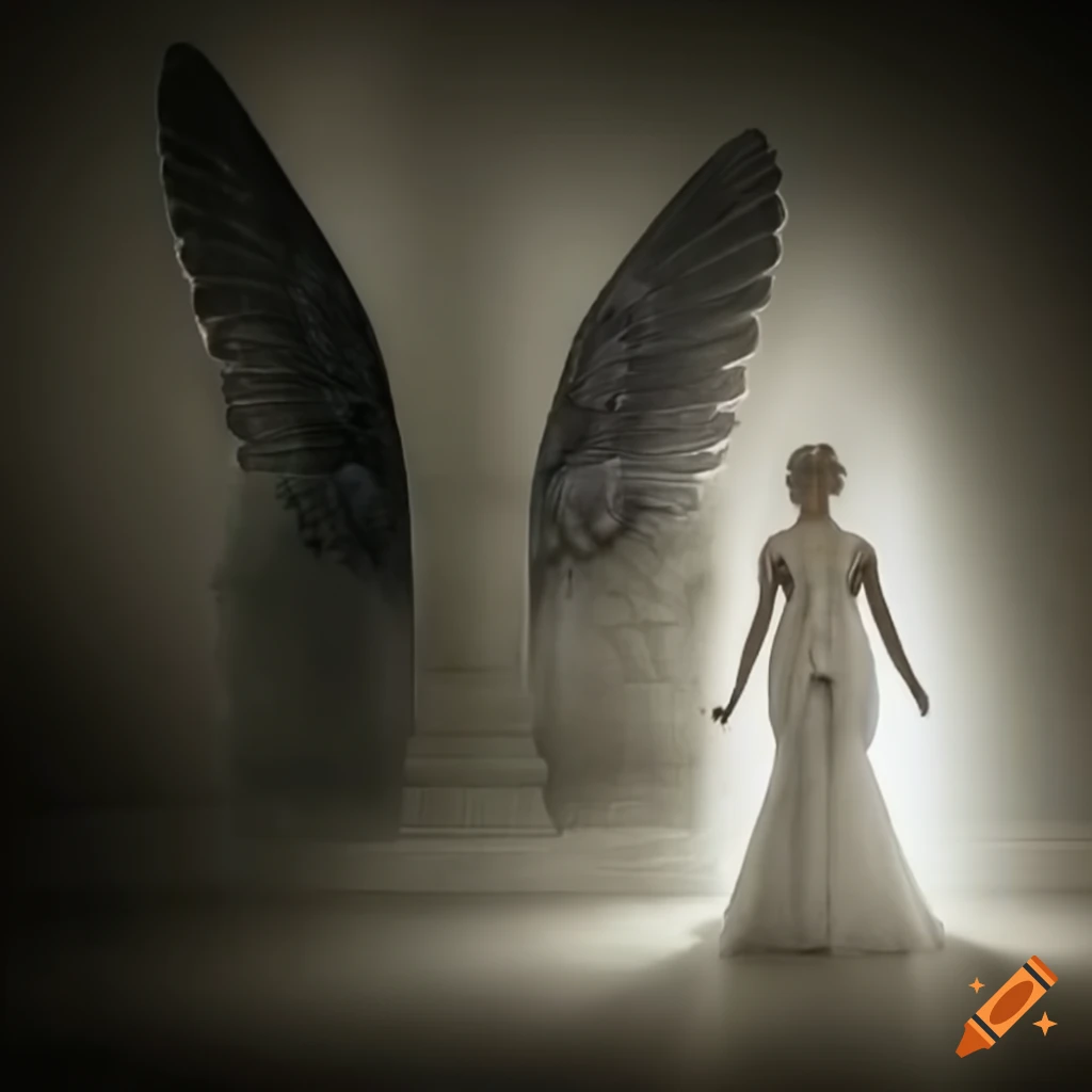 A powerful angel with large butterfly wings in a valley of light and ...