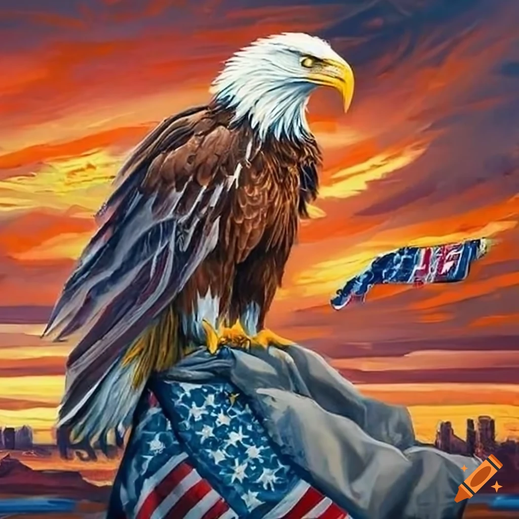 The most patriotic, american, over the top image possible. include the usa  flag, a truck, voting stickers, money, and an american eagle on Craiyon