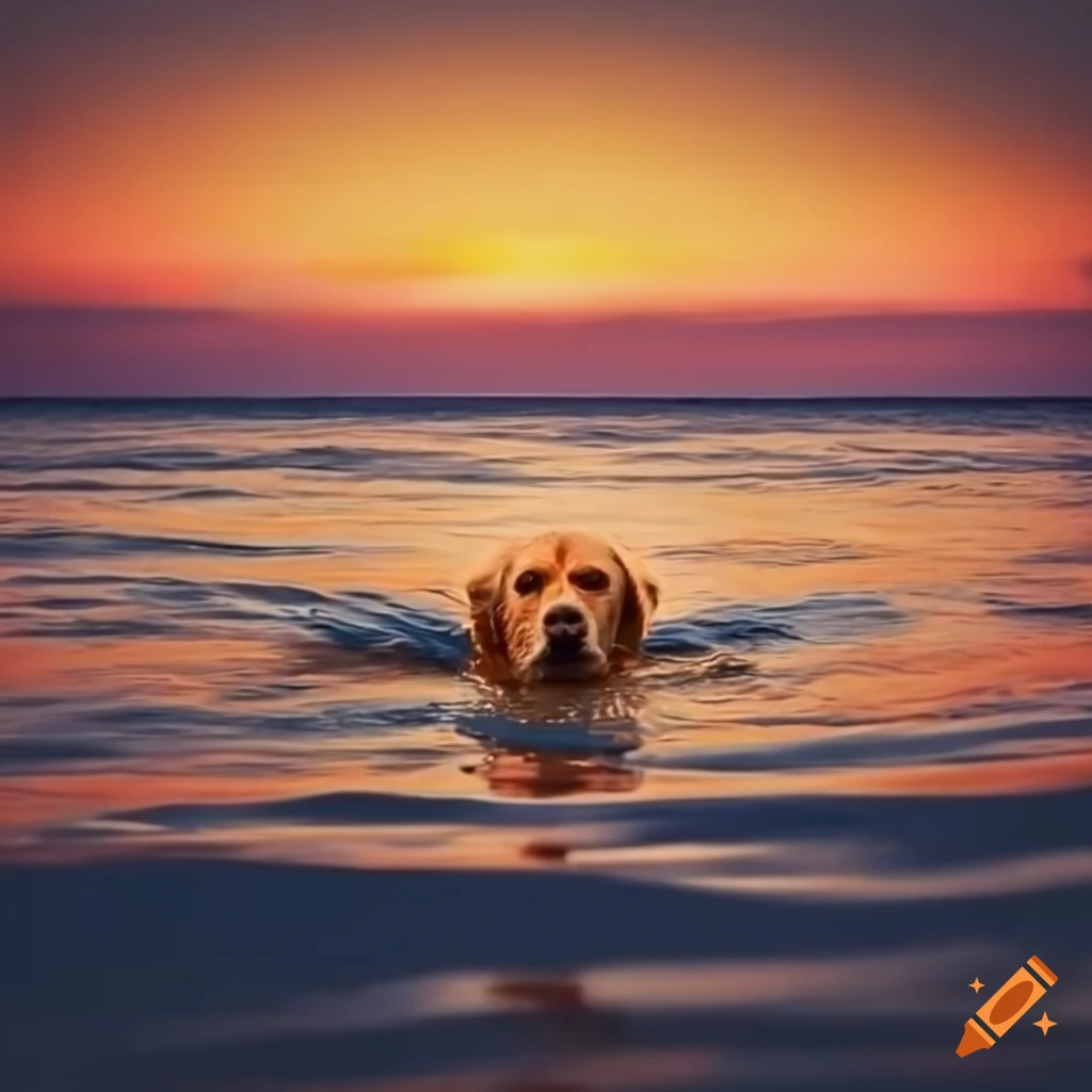 Golden retriever swimming in the ocean at sunset on Craiyon