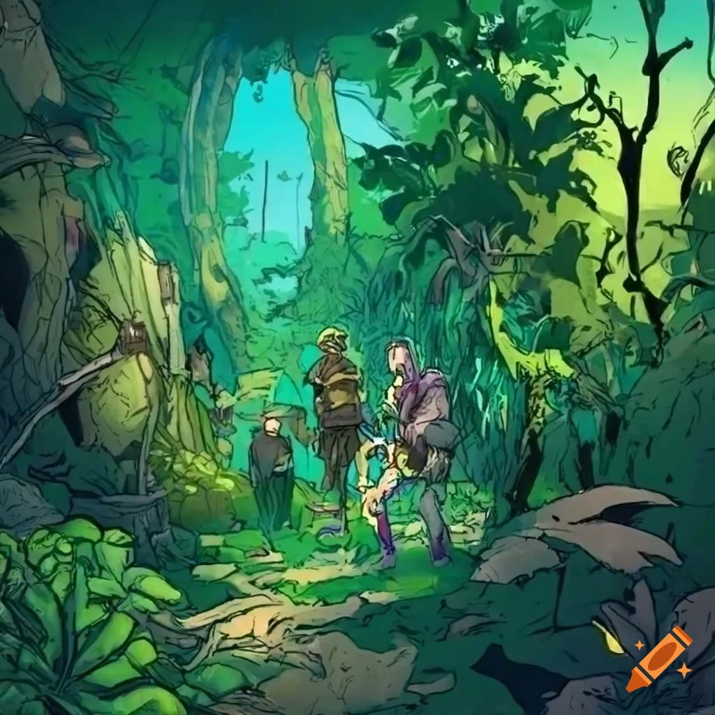 a group of adventurers traveling through an overgrown jungle, comic book style