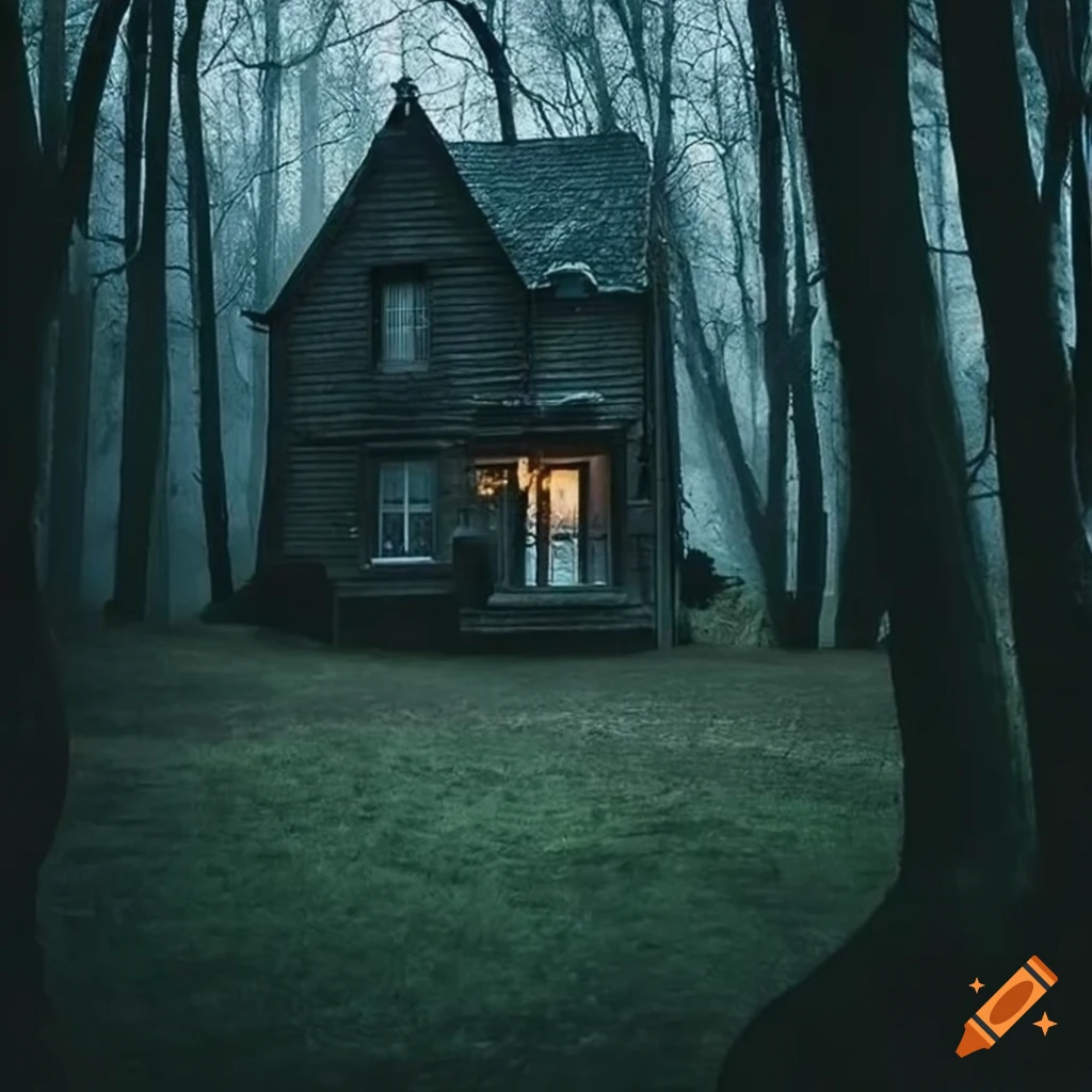 a dreamy house in the middle of a dark forest, light coming out of the windows, misterious and highly detailed