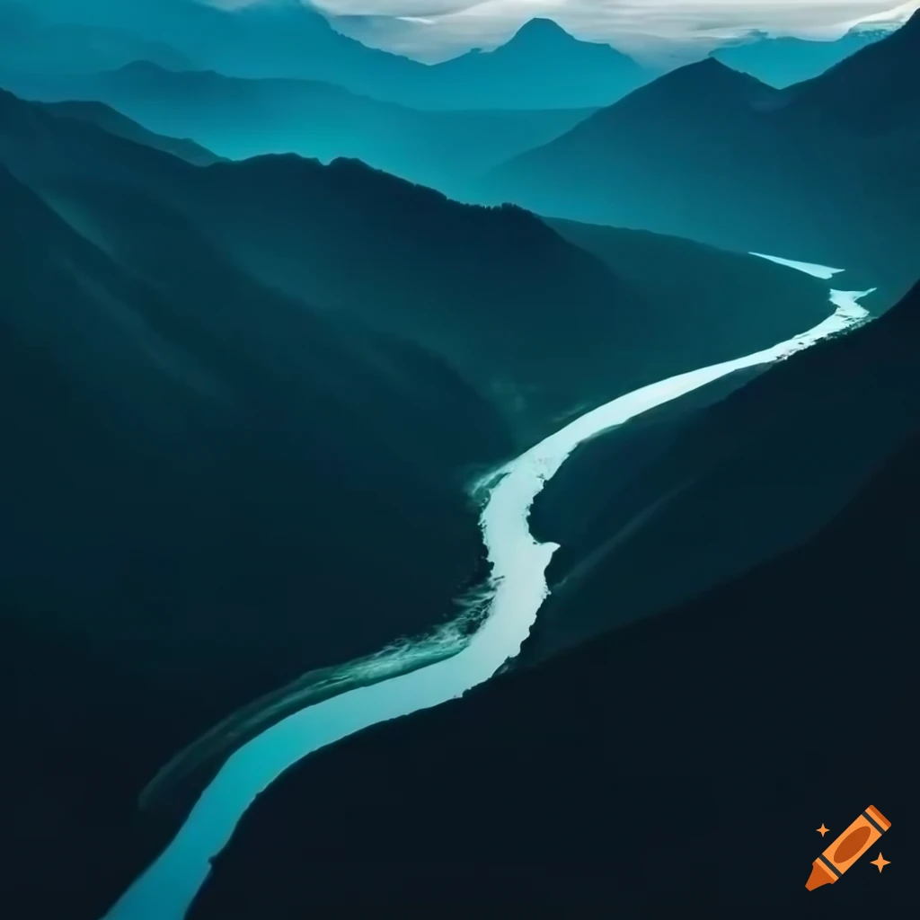 Mountain landscape seen from above with a river that flows making many ...