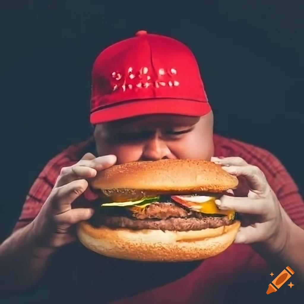 A fat man wearing a red maga baseball hat eating a cheeseburger with 15