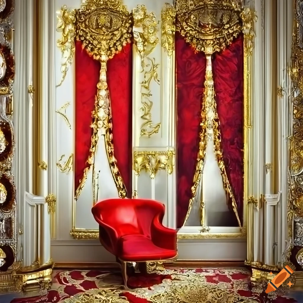 Beautiful Highly Detailed Room White And Gold Walls Red Chairs Lamp With Diamonds Color Yellowish Light Painting On The Wall Big Windows Grey Curtains High Resolution