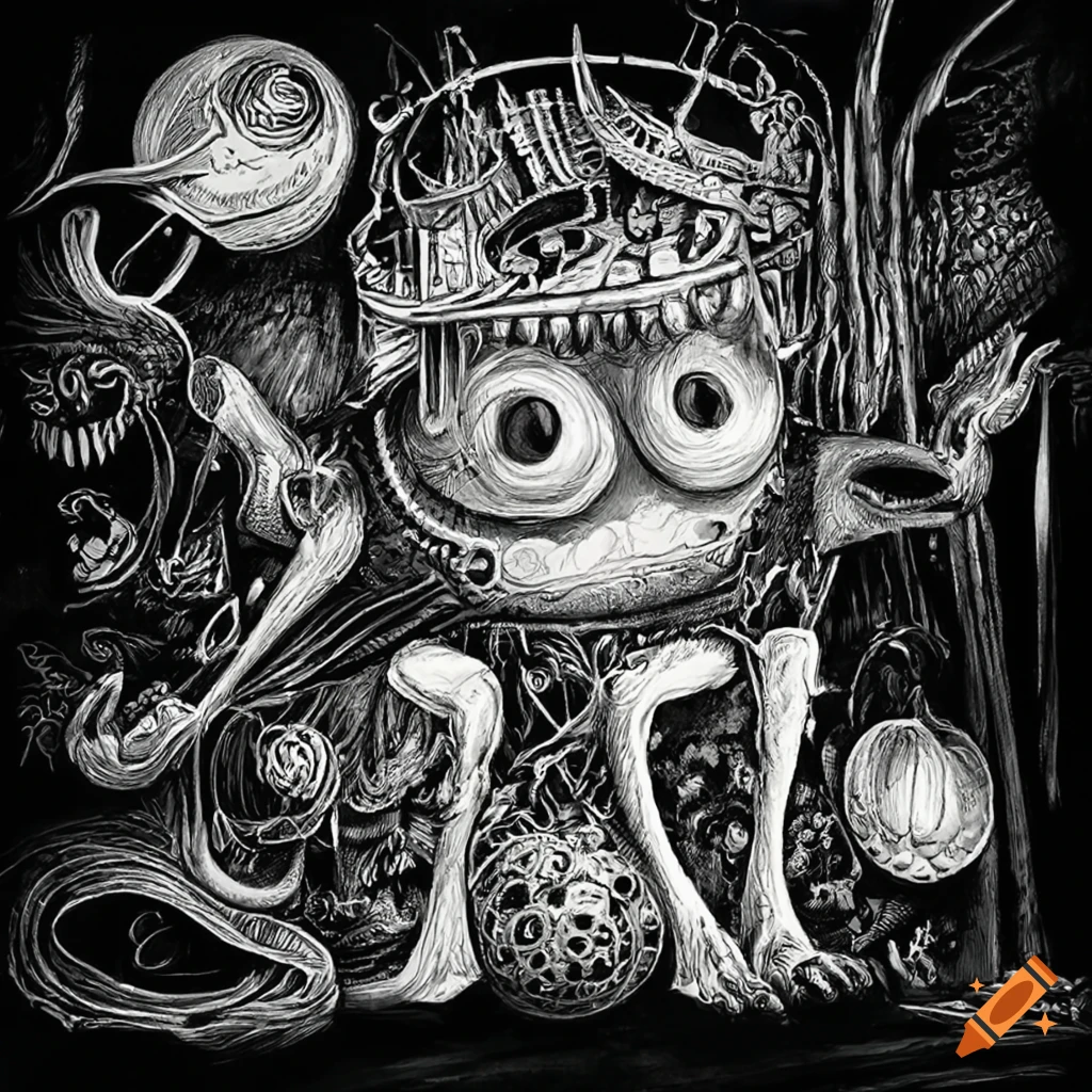 Joe Fenton drawing decor scene black and white microcosme many creatures surrealist aliens objects musical ufo king