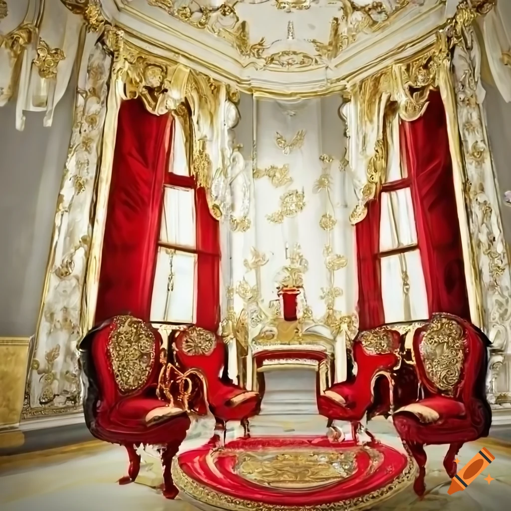 Beautiful, highly detailed room, white and gold walls, gold and red