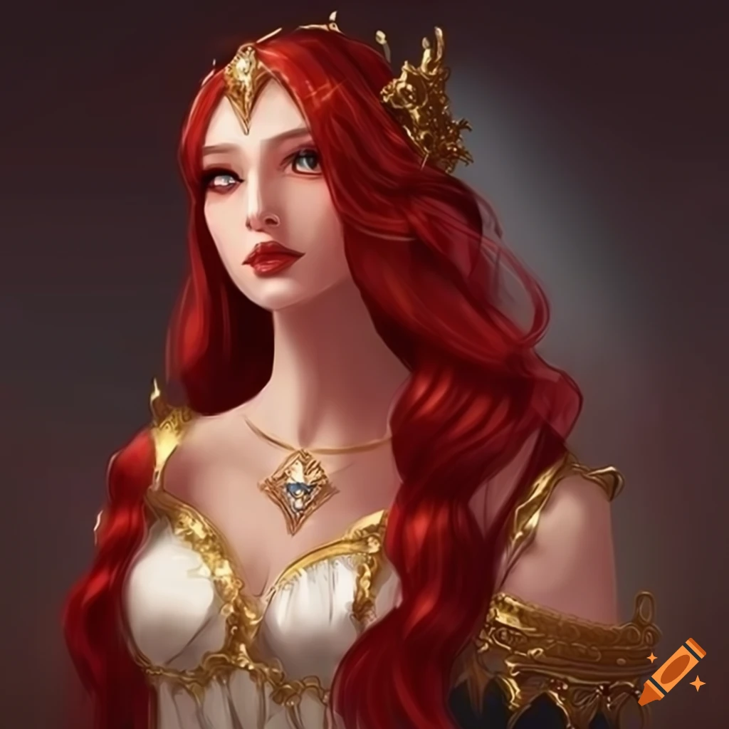 Fantasy queen with long crimson hair and a beautiful gown. golden