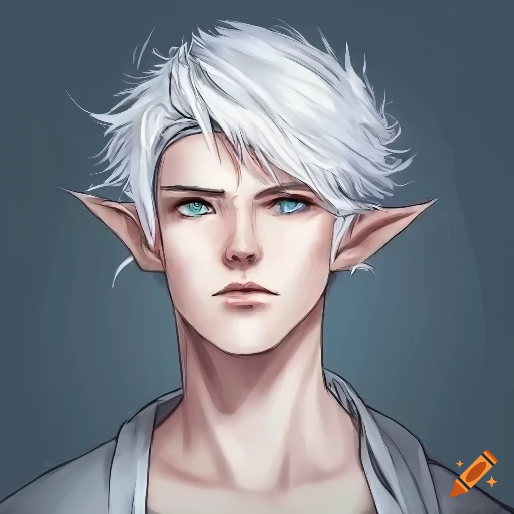 Beautiful fit young high-elf male necromancer, white messy short hair ...