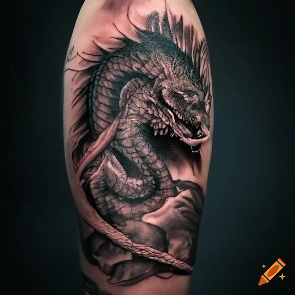 Realistic photo of a dragon tattoo on a man's arm