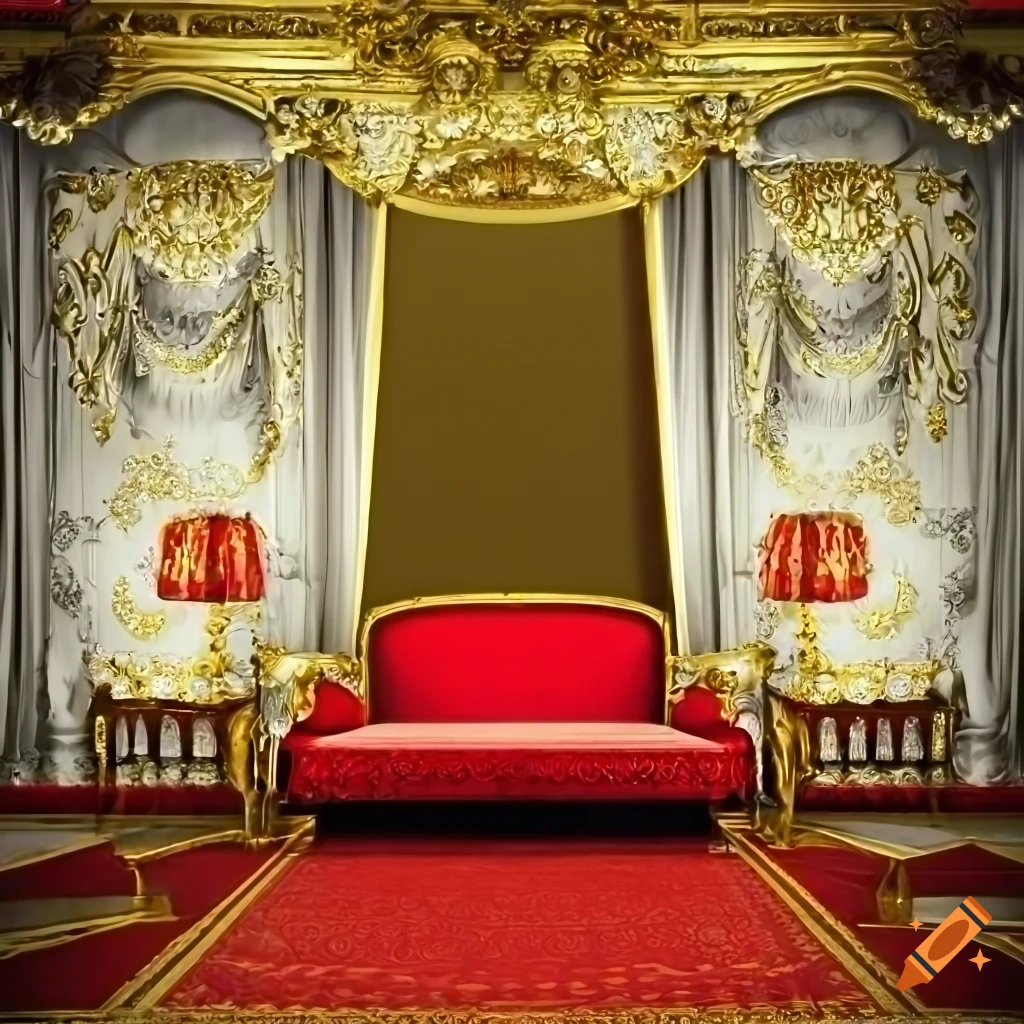Beautiful, highly detailed room, white and gold walls, gold and red