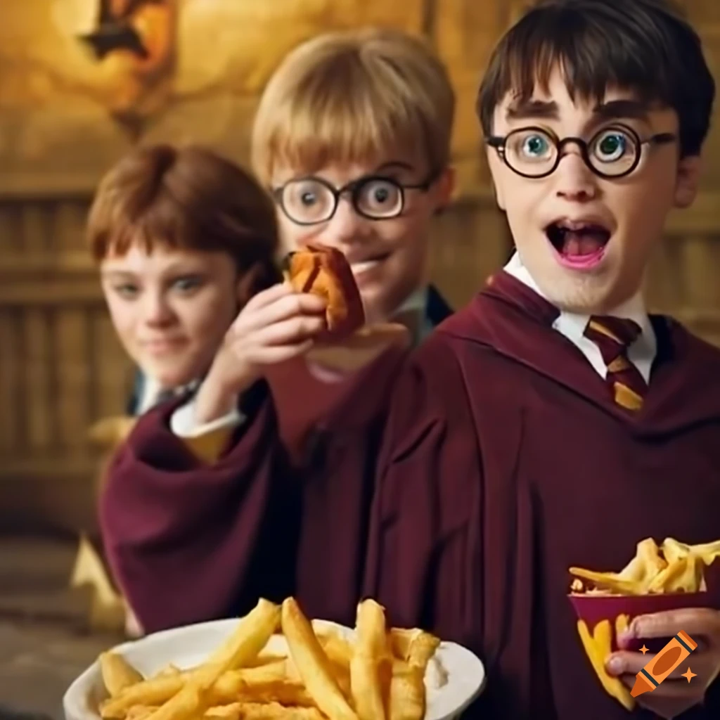Harry potter eating chicken nuggets and fries