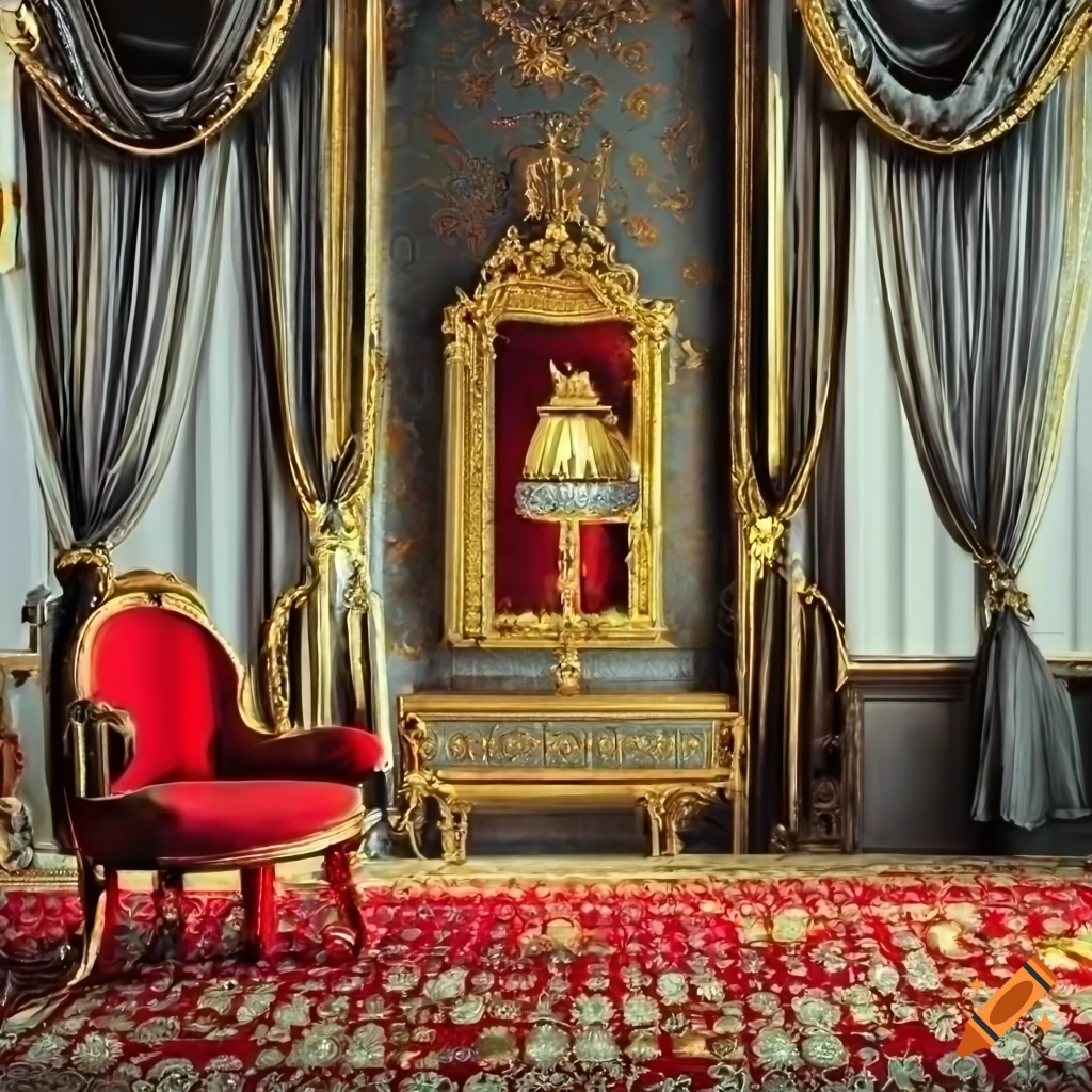 Beautiful Highly Detailed Room White And Gold Walls Red Chairs Lamp With Diamonds Color Yellowish Light Painting On The Wall Big Windows Grey Curtains High Resolution