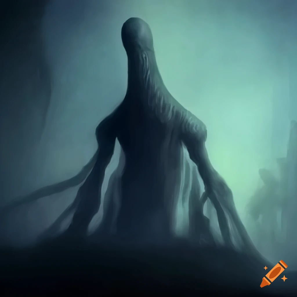 A giant nyarlathotep (the great old one) 100 meters tall over the fog ...