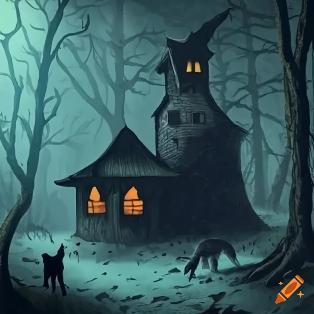 A dark meeting of witchs with blacks cats and spooky house in a ...