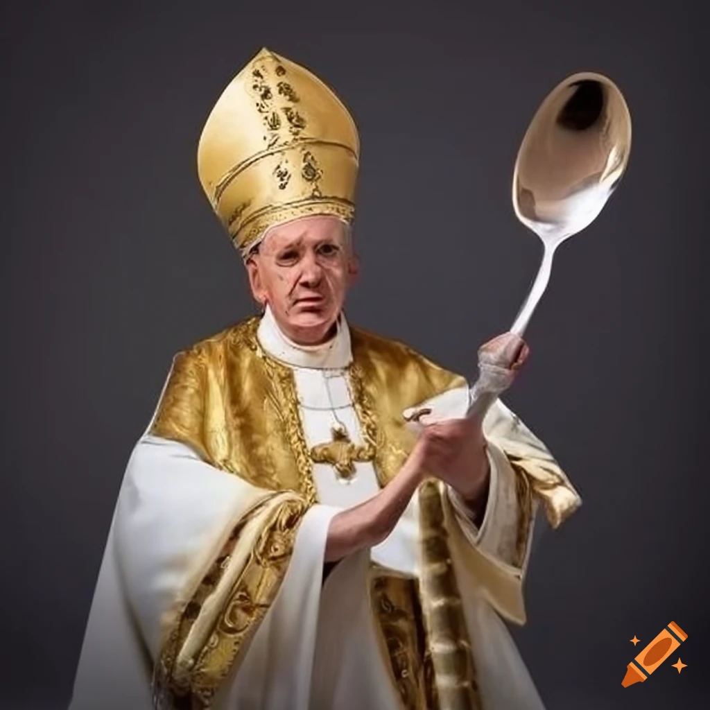 A personified spoon wearing pope regalia