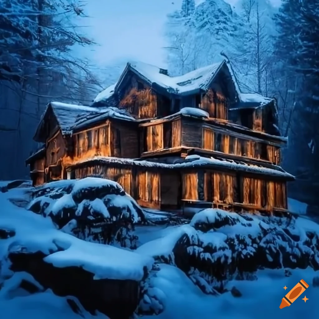 log cabin in the snowy mountains