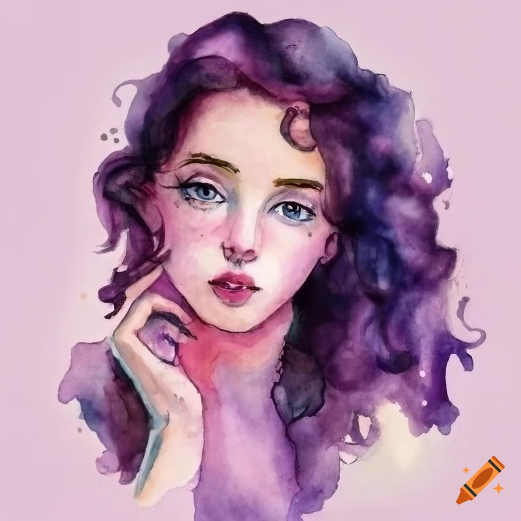 A watercolor painting of a girl with black wavy hair wearing her ...