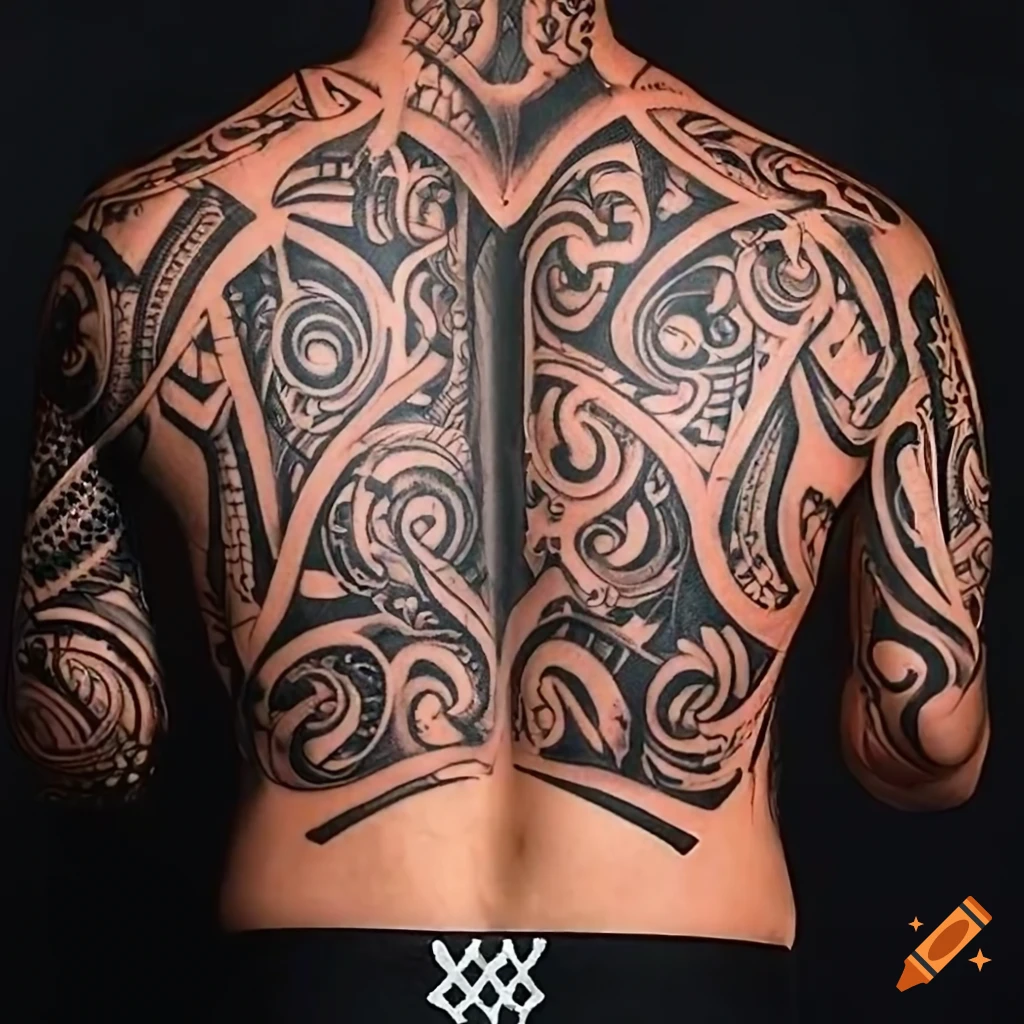 Intricate maori tribal-style back tattoo design featuring a 3d