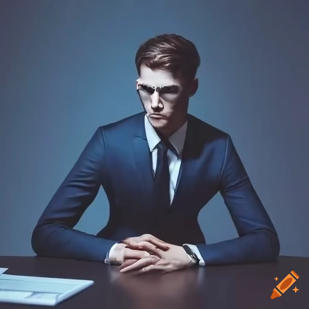 Hugo boss business suit, male model sitting at desk in office, modern,  minimalist office space, cool, blue-tinted lighting, symmetrical framing  with clean lines, neat, polished hair and minimal makeup, --ar 1:1 --v