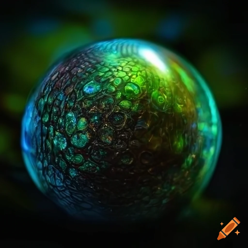 Crystalline orb shimmering with an iridescent green hue that mirrors