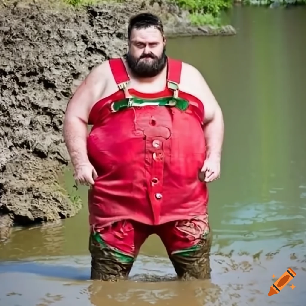 Fat obese bavarian man red bearded harness waders in mud on Craiyon