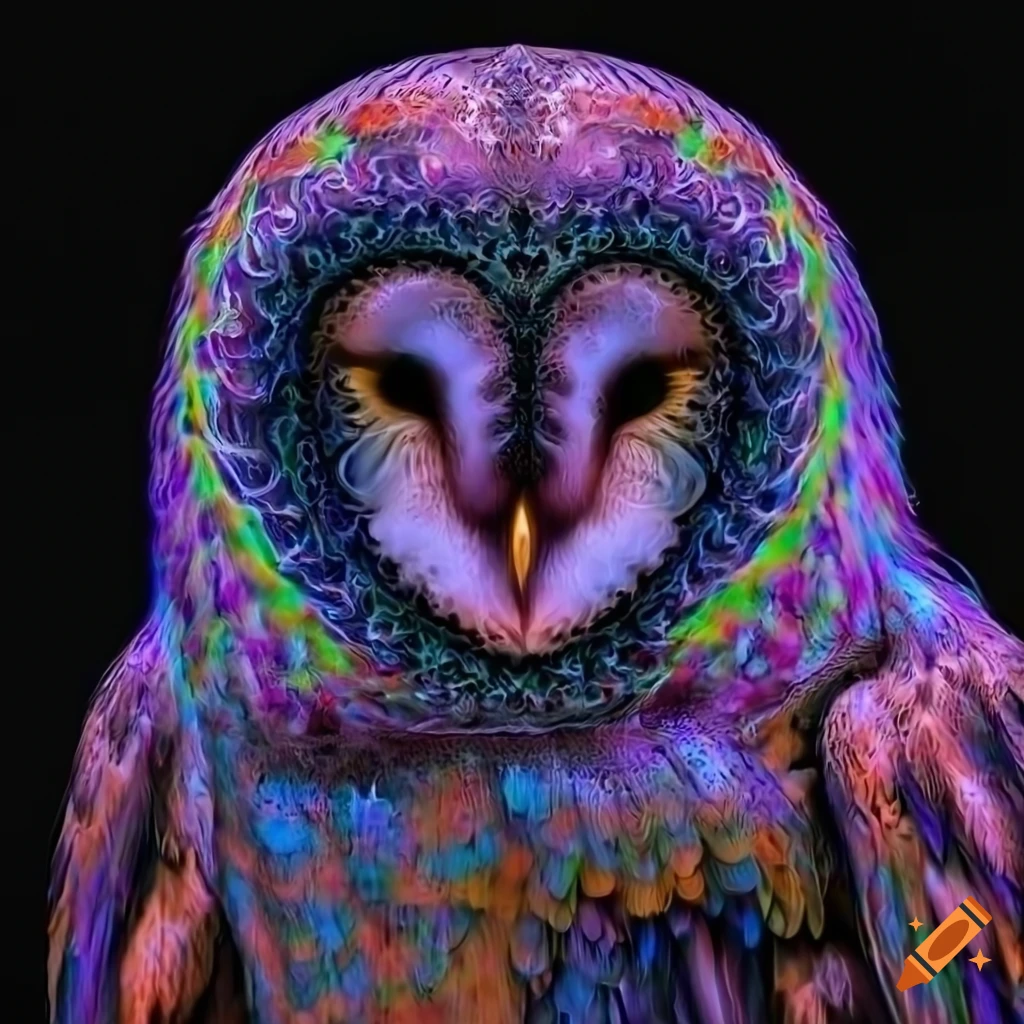 Photorealistic psychedelic art of barn owls, space-themed, whispy ...