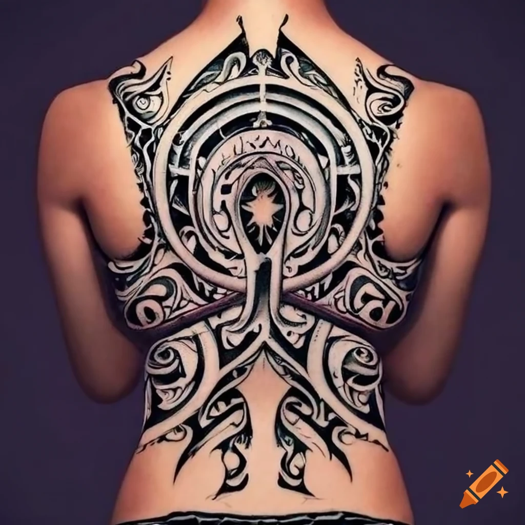 Intricate maori tribal-style back tattoo design featuring a 3d