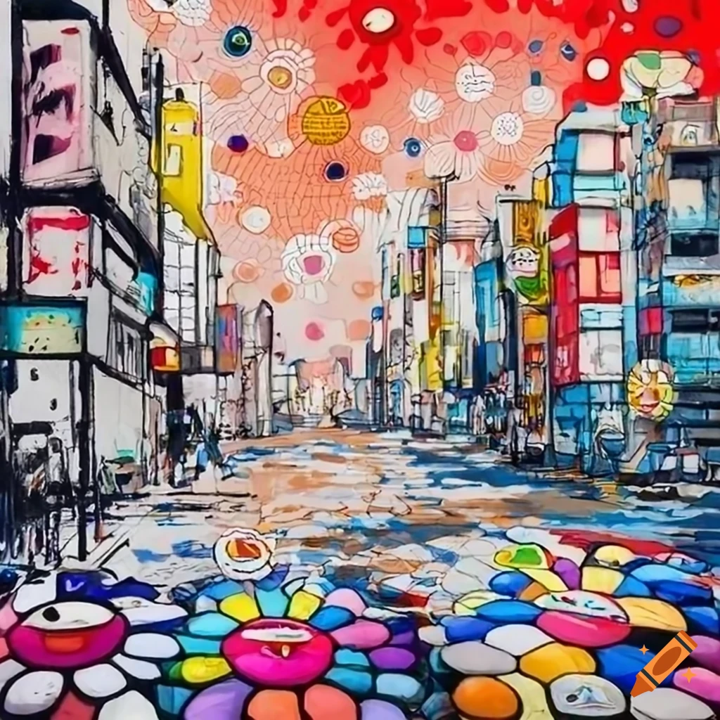 Street scene in tokyo, japan, ink and water painting in the style of takashi  murakami