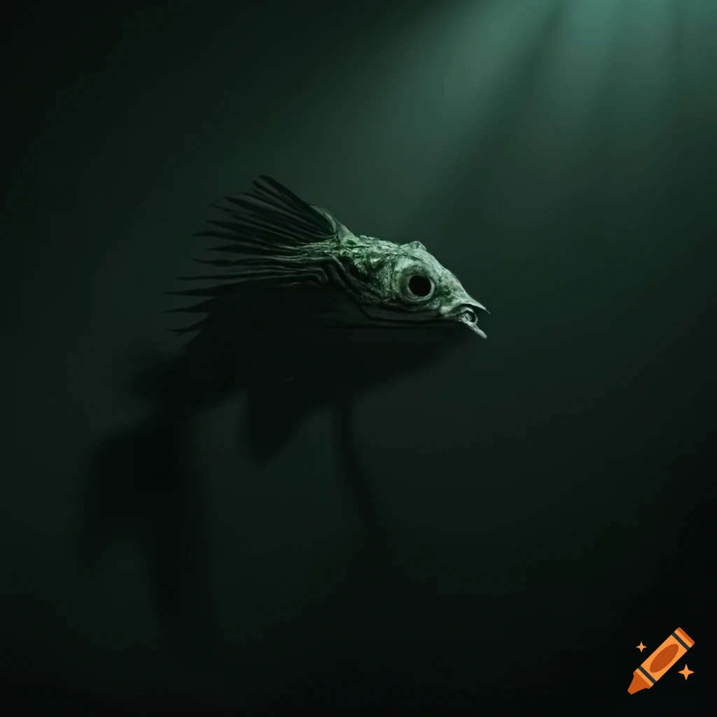 Scary fish monster standing in shadows in a large room, very dark creepy  lighting, dark shadows on Craiyon