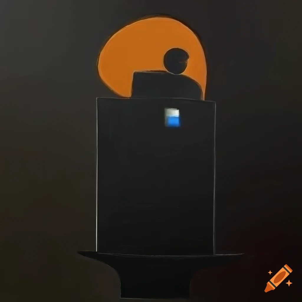An oil painting of a corporate speakers silhouette on a dias
