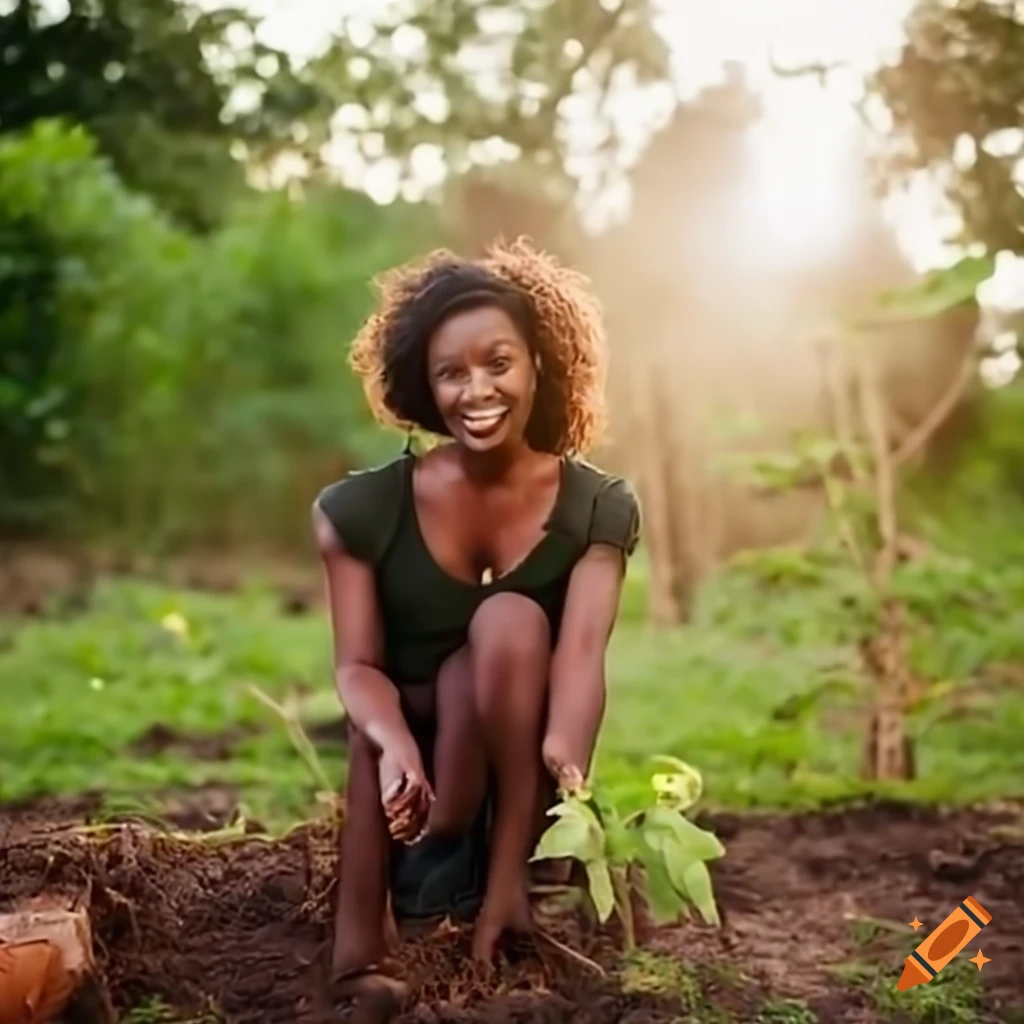 Smiling woman planting a tree in africa