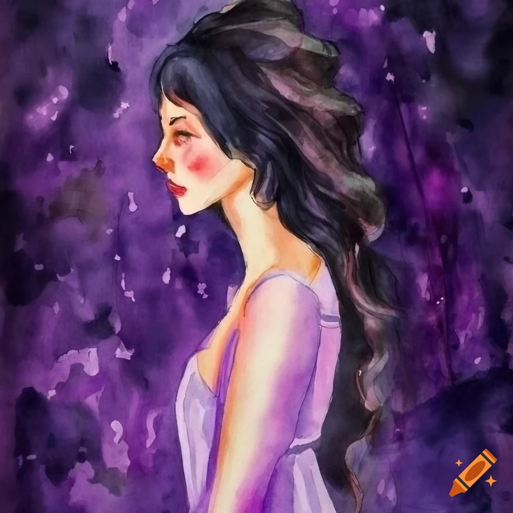 A watercolor painting of a tall girl with black wavy hair wearing her ...