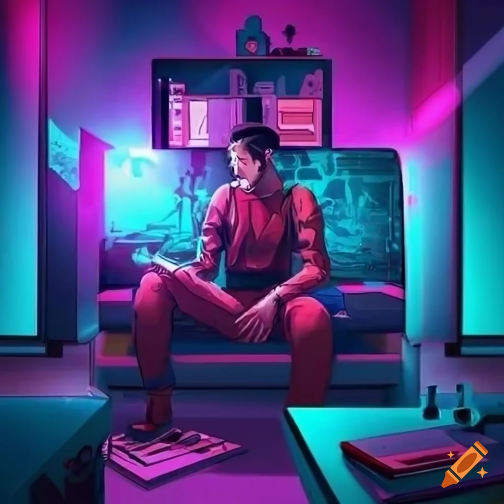 A cyberpunk looking guy chilling and relaxing in his room while listening  to and watching cool music on his tv. futuristic and modern. 4k. moving  animation