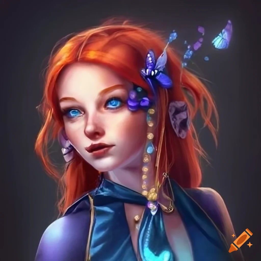 Young Female Wizard With Blue Eyes Red Hair Freckles Blue Butterfly Necklace And Dark Blue Dress 0881
