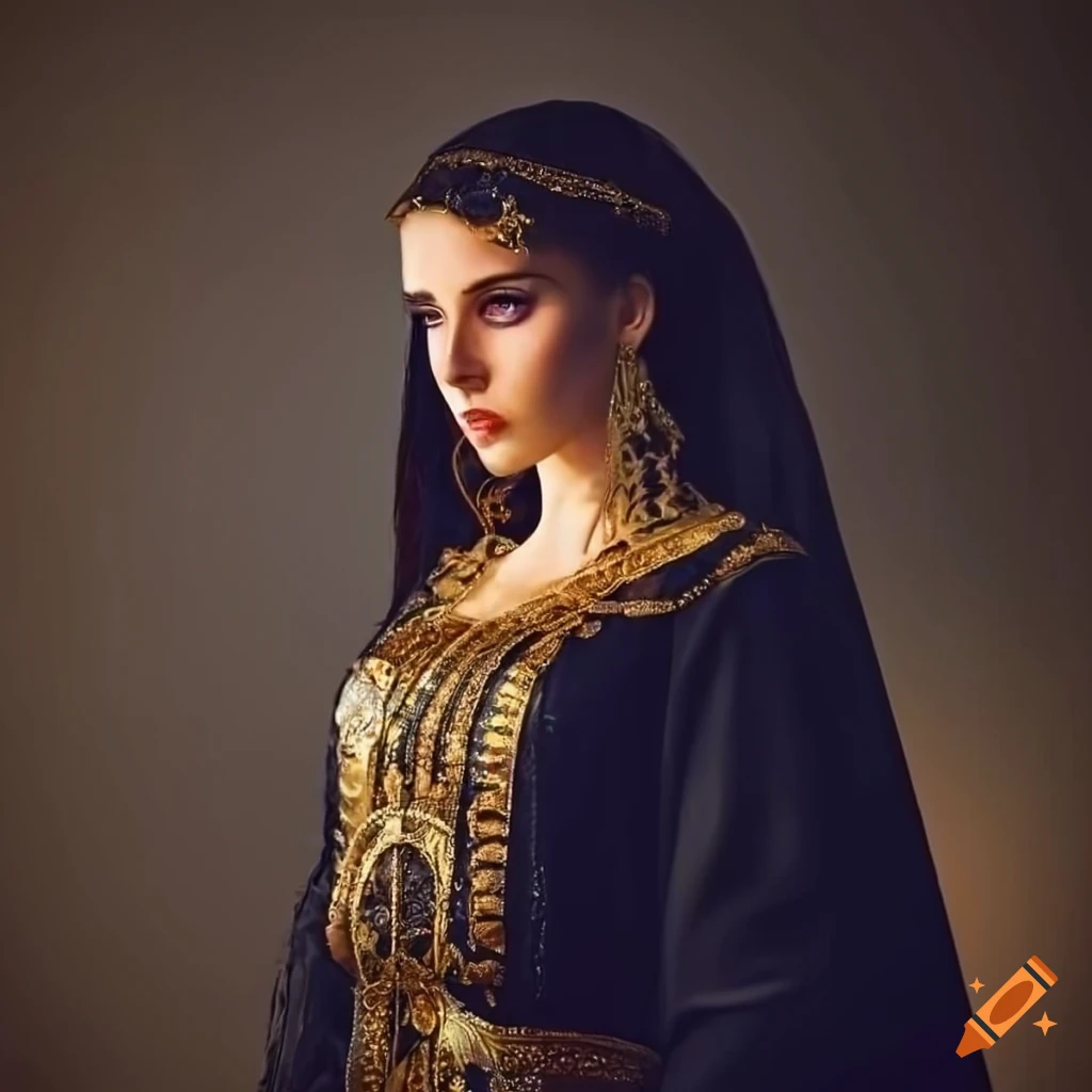 Young beautiful eastern-mediterrenean woman in black byzantine clothing by  night with saber on Craiyon