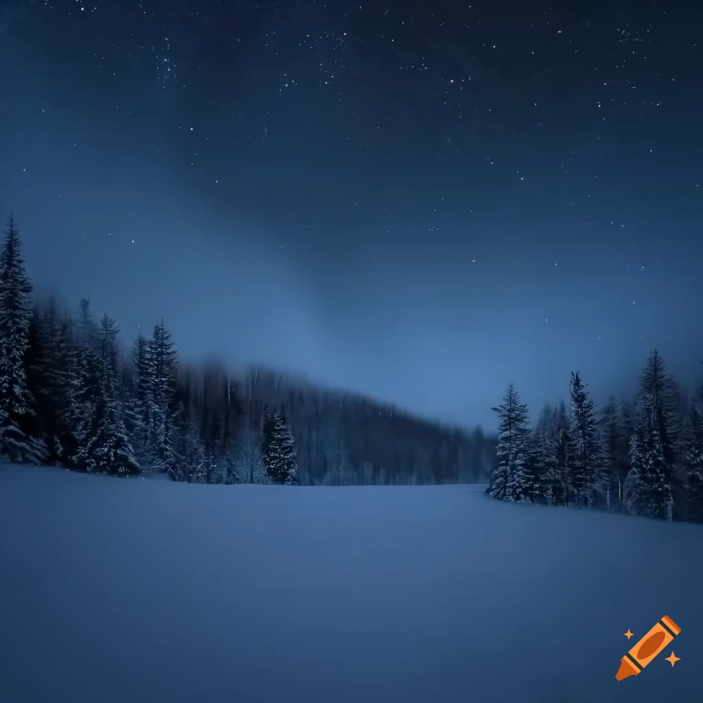 Winter night gloomy forest in the mountains near the abyss in a
