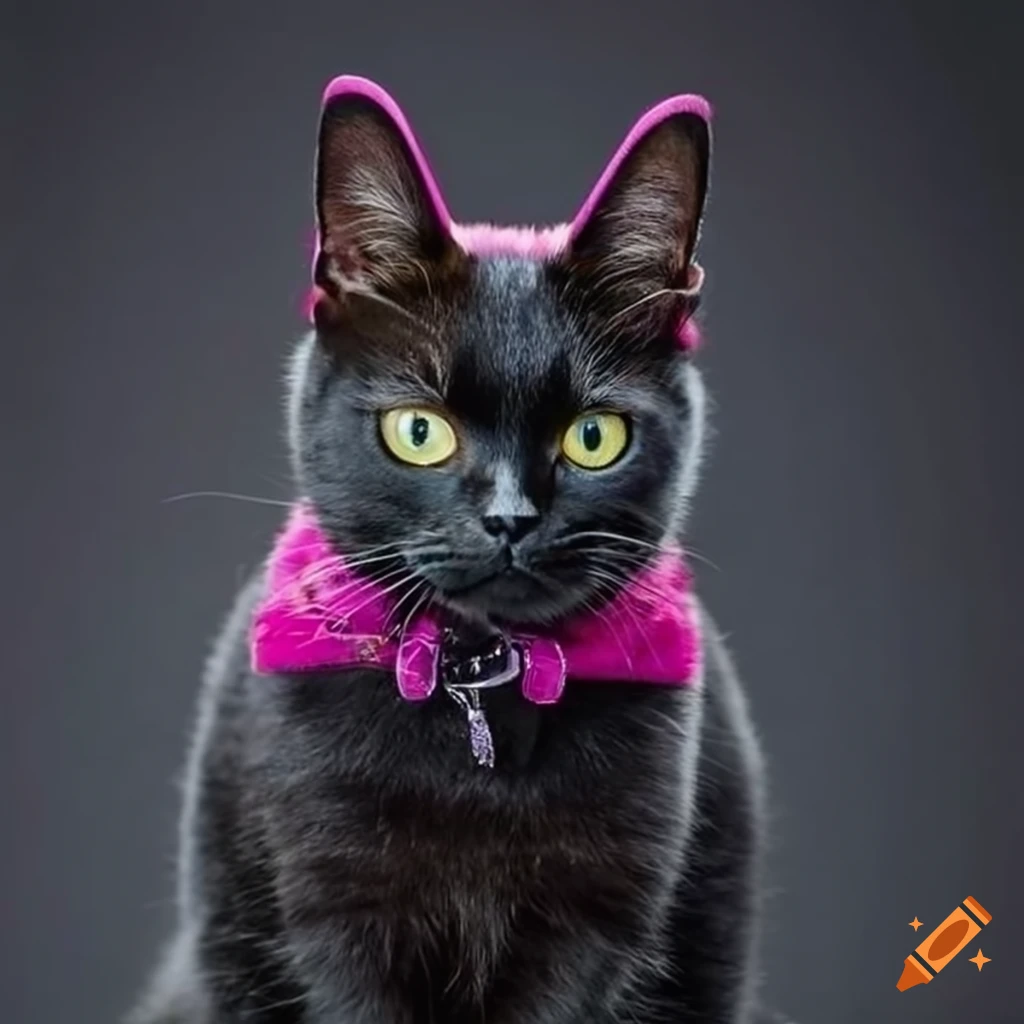 An elegant black cat with pink accents and stylish clothing on Craiyon