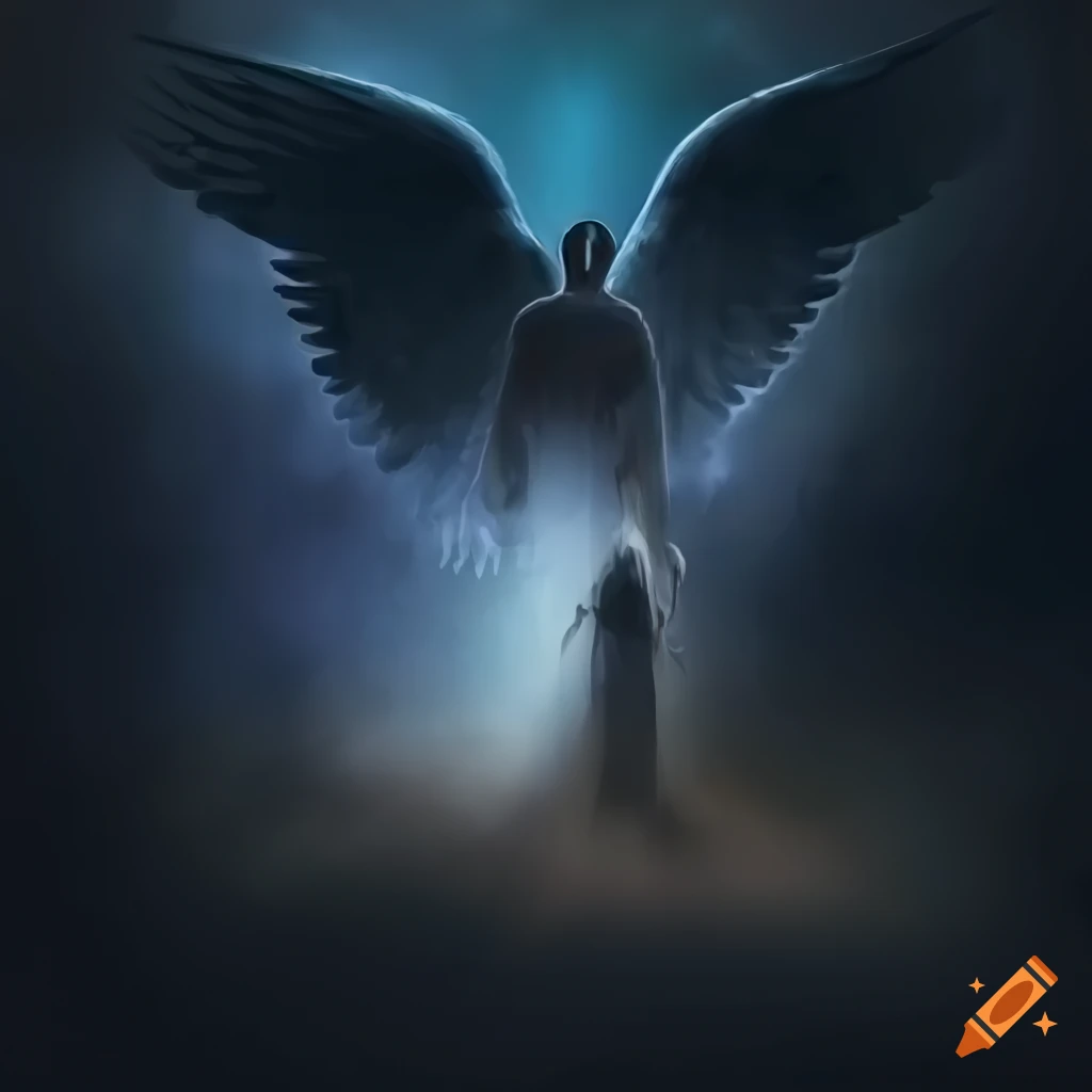 A fallen angel with black wings standing in hell. clear image and